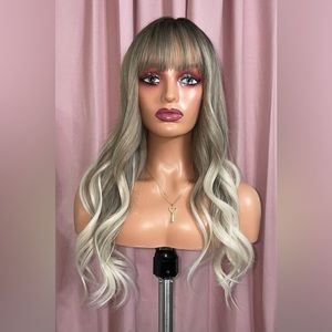 Brown to Platinum Blonde Gradient Synthetic Wig w/ Bangs